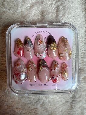 Homemade Press-On Nail Set - Pink & Red with Gold and Silver Accents. Snakes 🐍🫶